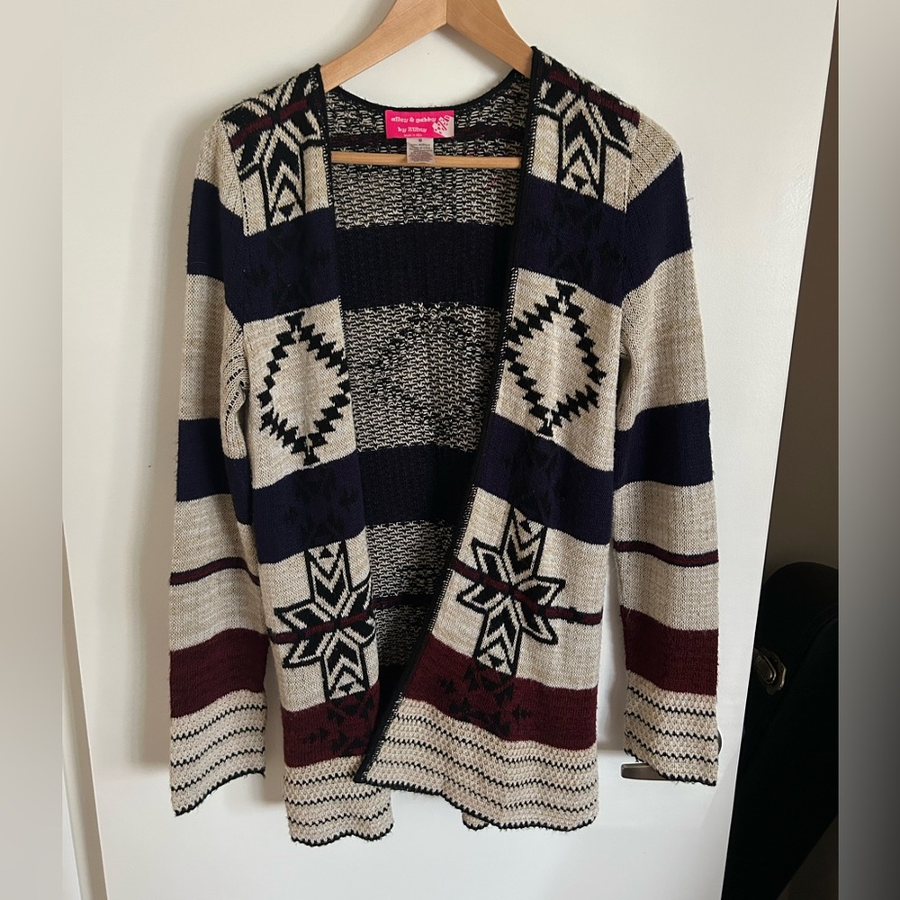 Pink Rose Geometric Open-Front Cardigan - Navy, Cream, Burgundy